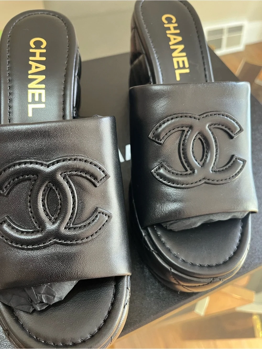 CHANEL Black Quilted Leather Platform Mules with CC Logo